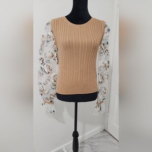 Anthropologie Tan Sweater with Floral Sleeves